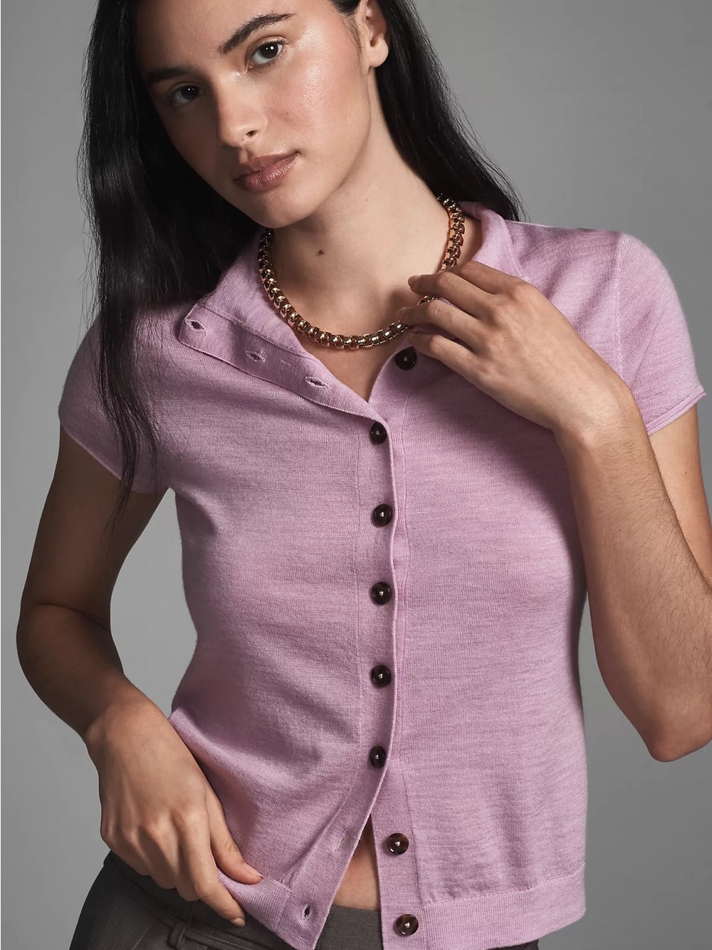 Pilcro Short-Sleeve Button-Down Top in Lilac